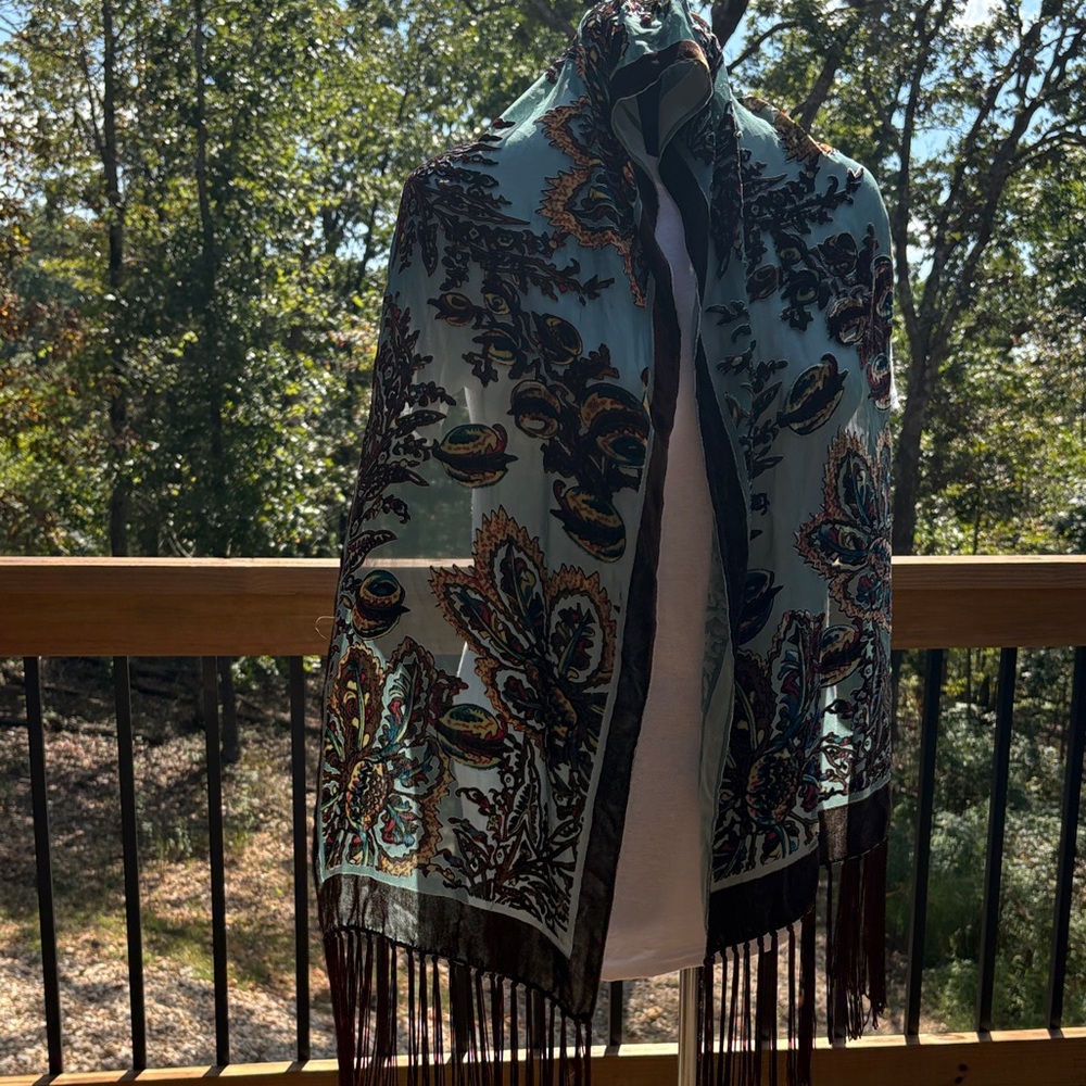 Elegant Burnout Velvet Floral Scarf with Fringe
